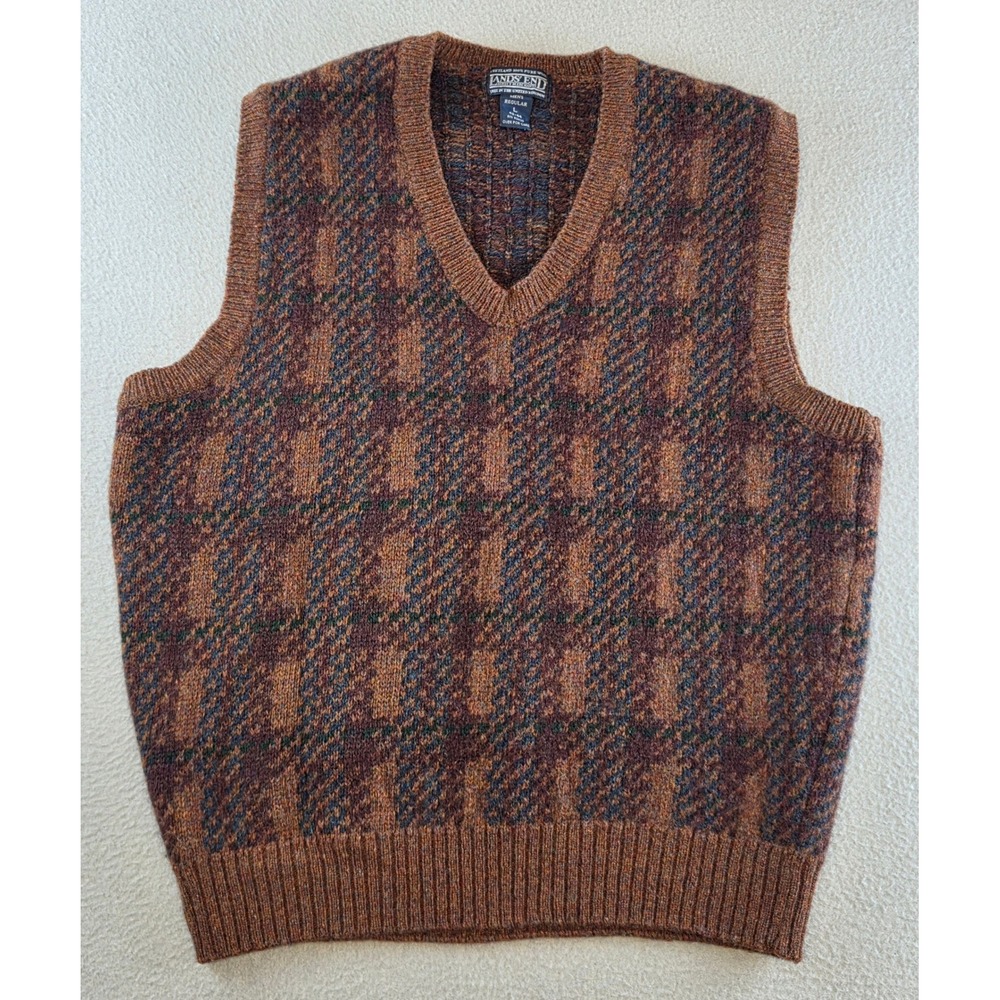Lands' End Shetland Wool Sweater Vest Mens L Vintage Brown Plaid V Neck Knit